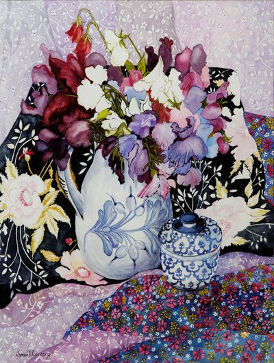 Sweet peas in a blue and white jug with blue and white pot and textiles by Joan Thewsey